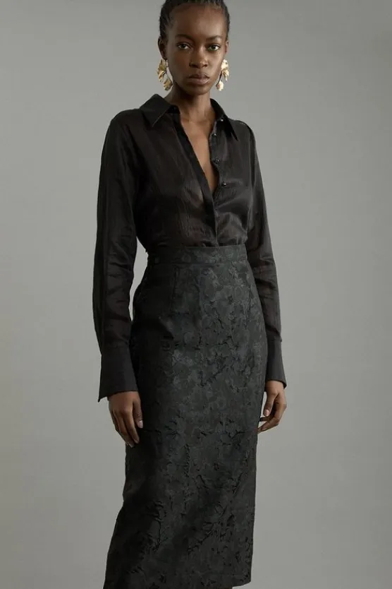 Karen Millen Tailored Sheer Jacquard Maxi Fitted Skirt black New