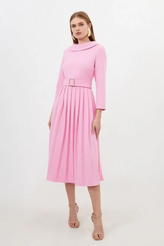 Karen Millen Tailored Structured Crepe Turtleneck Pleated Midi Dress pink Hot