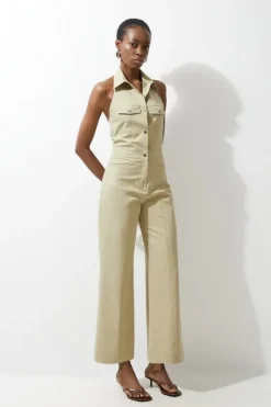 Karen Millen Tailored Techno Denim Halterneck Wide Leg Jumpsuit lightkhaki Online