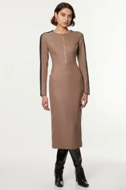 Karen Millen Tailored Twill Lace Mix Zip Front Midi Dress taupe New
