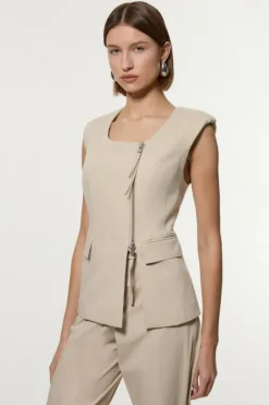 Karen Millen Tailored Viscose Zip Through Multi Stitch Vest stone Clearance