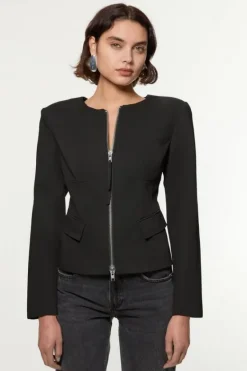 Karen Millen Tailored Viscose Zip Through Multi Stitch Jacket black Fashion