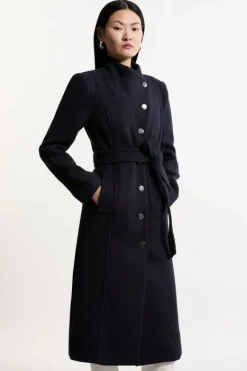 Karen Millen Tailored Wool Blend Asymmetric Button Neck Belted Midi Coat navy Clearance