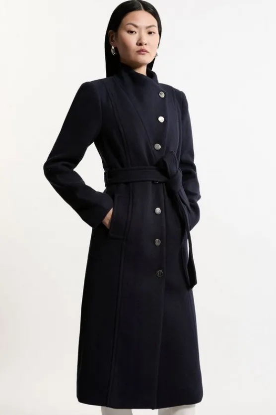 Karen Millen Tailored Wool Blend Asymmetric Button Neck Belted Midi Coat navy Clearance
