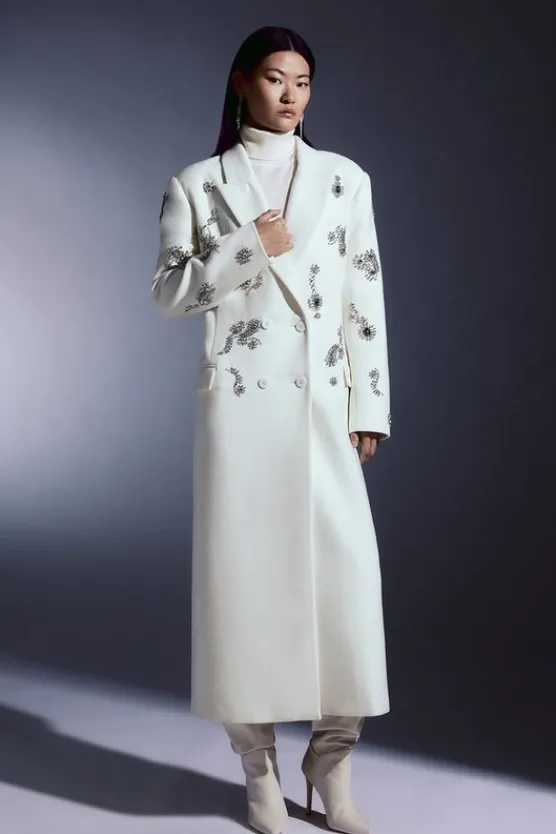 Karen Millen Tailored Wool Blend Embellished Maxi Coat ivory Outlet