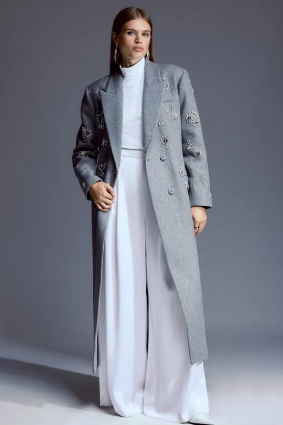 Karen Millen Tailored Wool Blend Embellished Maxi Coat grey Outlet