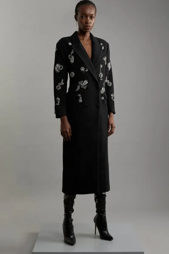 Karen Millen Tailored Wool Blend Embellished Maxi Coat black Sale
