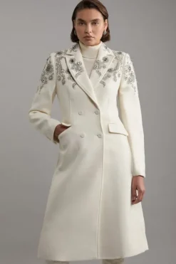 Karen Millen Tailored Wool Blend Embellished Double Breasted Midi Coat ivory Clearance