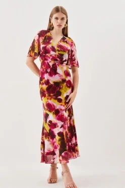 Karen Millen Tall Abstract Print Pleated Wide Sleeve Maxi Dress multi Hot