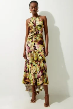 Karen Millen Tall Abstract Print Viscose Woven Halter Tie Maxi Dress multi Sale