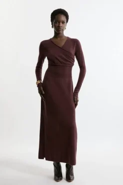 Karen Millen Tall Alpaca Wool Ballet Wrap Midi Knit Dress chocolate New