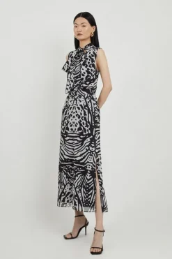 Karen Millen Tall Animal Print Georgette Woven Tie Neck Midi Dress black Fashion