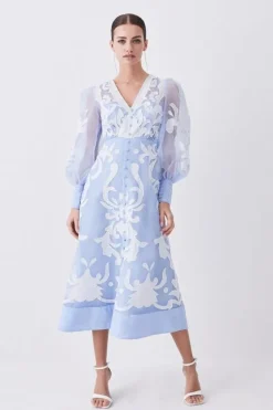 Karen Millen Tall Applique Organdie Buttoned Woven Maxi Dress blue Hot