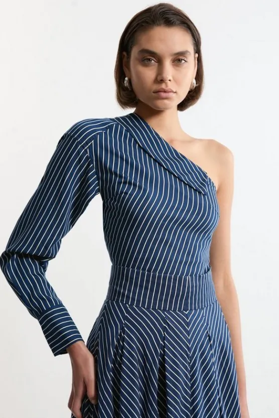 Karen Millen Tall Asymmetric Twill d Woven Long Sleeved Shirt stripe New