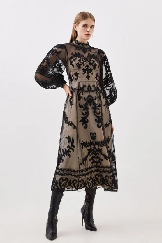 Karen Millen Tall Baroque Applique Woven Midi Dress black Clearance