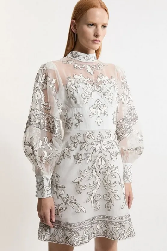 Karen Millen Tall Baroque Organdie Applique Buttoned Woven Mini Dress silver New