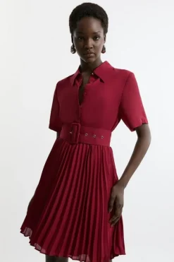 Karen Millen Tall Belted Georgette Pleat Woven Mini Dress wine Discount