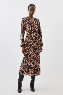 Karen Millen Tall Blurred Pleated Georgette Woven Maxi Dress animal Hot