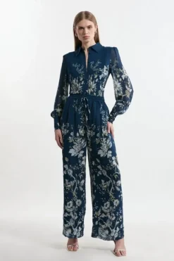 Karen Millen Tall Border Print Viscose Piped Woven Wide Leg Pants darknavy Outlet