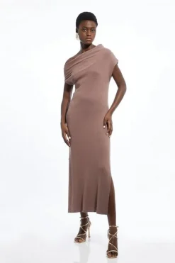 Karen Millen Tall Cashmere Blend One Off The Shoulder Midaxi Dress taupe Sale