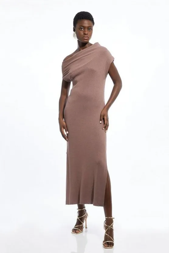 Karen Millen Tall Cashmere Blend One Off The Shoulder Midaxi Dress taupe Sale