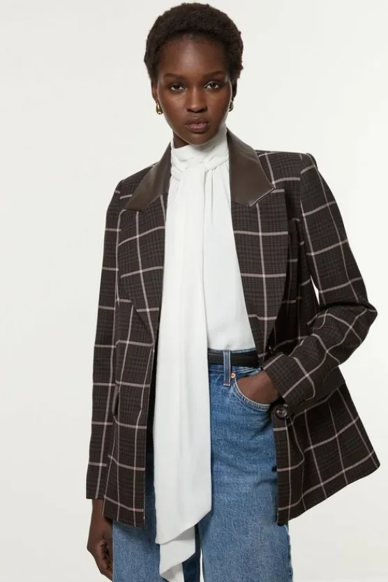 Karen Millen Tall Check Pu Mix Tailored Jacket brown Clearance