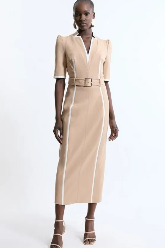 Karen Millen Tall Compact Stretch Contrast Tipped Forever Belted Tailored Midi Dress camel Discount