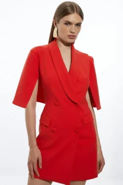 Karen Millen Tall Compact Stretch Tailo Tuxedo Cape Sleeve Mini Blazer Dress red Fashion