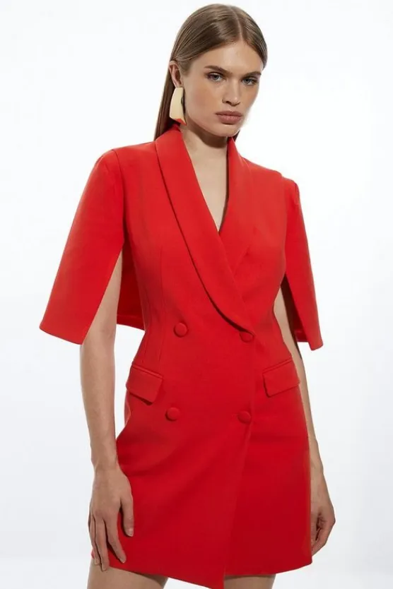 Karen Millen Tall Compact Stretch Tailo Tuxedo Cape Sleeve Mini Blazer Dress red Fashion