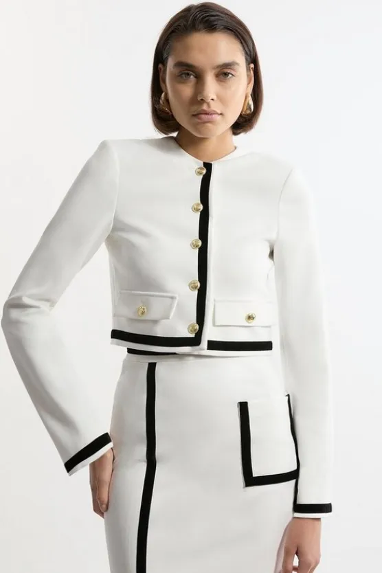 Karen Millen Tall Compact Stretch Tipped Velvet Contrast Collarless Tailored Jacket mono New