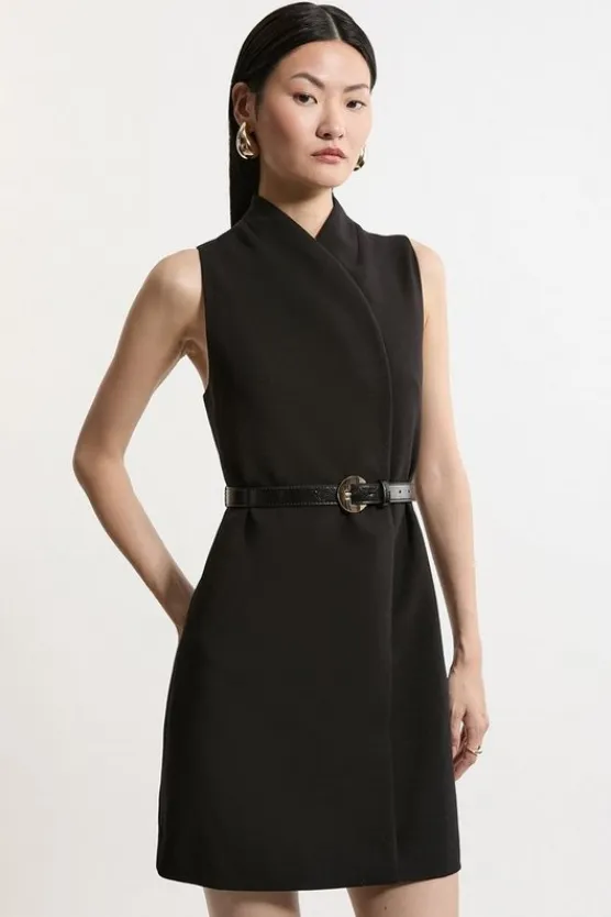 Karen Millen Tall Compact Stretch Wrap Neck Full Skirt Tailored Mini Dress black Fashion