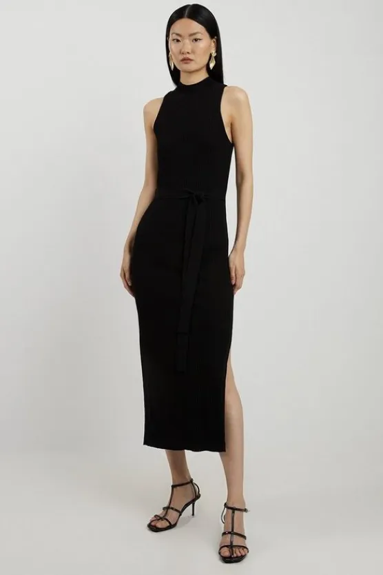Karen Millen Tall Cotton Blend Belted Knit Racer Midi Dress black Outlet