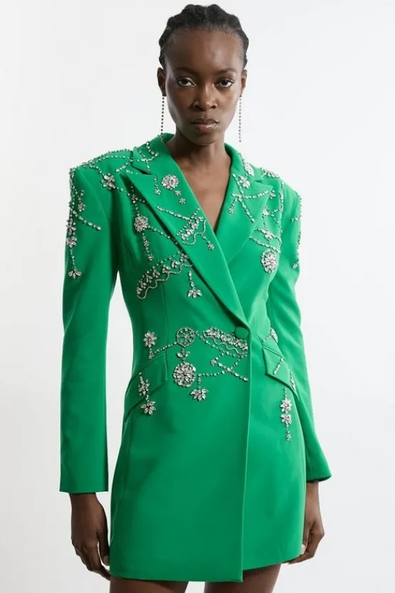 Karen Millen Tall Crystal Embelished Cady Blazer Woven Mini Dress emerald Outlet