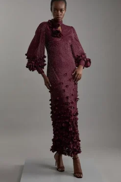 Karen Millen Tall Crystal Embellished Applique Woven Maxi Dress plum New