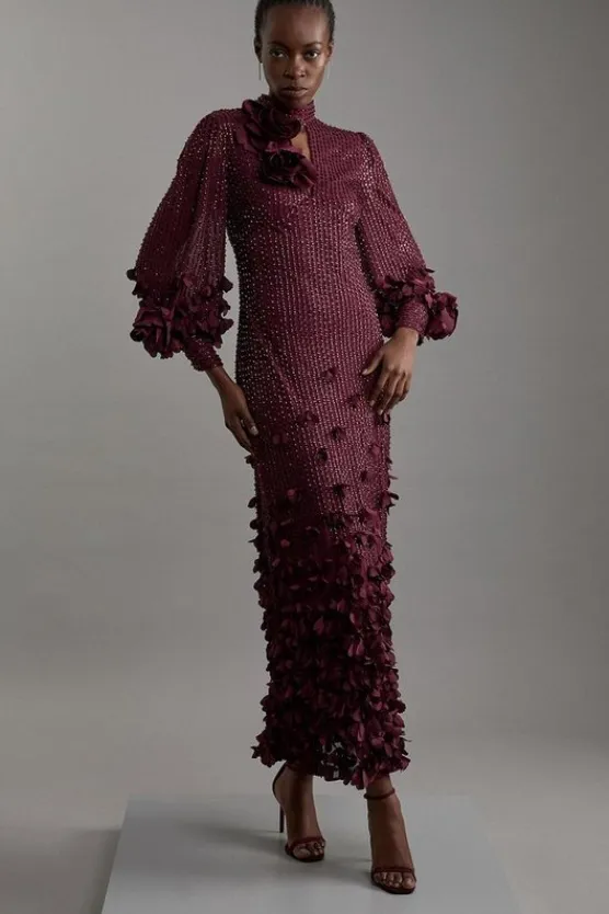Karen Millen Tall Crystal Embellished Applique Woven Maxi Dress plum New