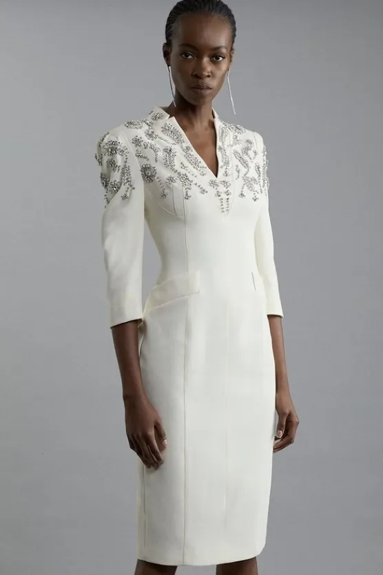 Karen Millen Tall Crystal Embellished Compact Stretch Belted Tailored Forever Dress cream Sale