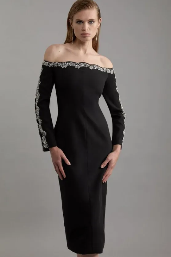 Karen Millen Tall Crystal Embellished Scalloped Off The Shoulder Tailored Midaxi Dress black Outlet