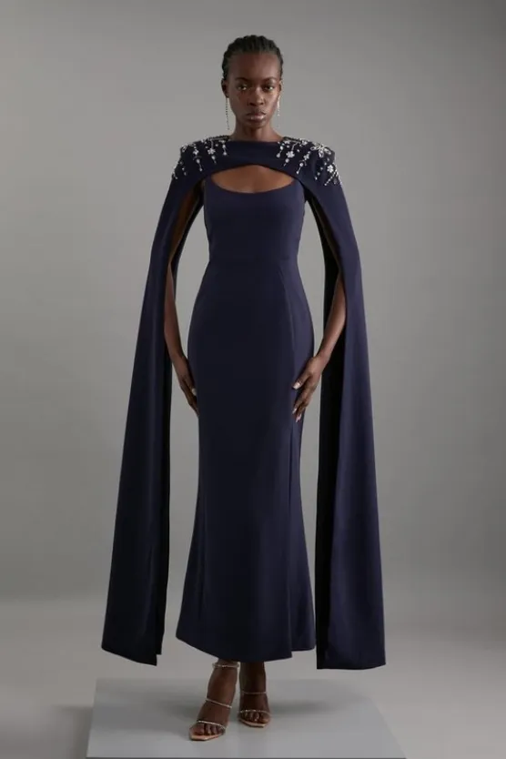 Karen Millen Tall Crystal Embellished Viscose Crepe Woven Maxi Dress With Detachable Cape navy Online