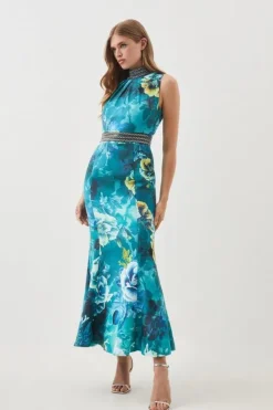 Karen Millen Tall Diamante Trim Floral Woven Maxi Dress blue Outlet