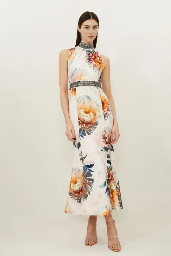 Karen Millen Tall Diamante Trim Rose Woven Sleeveless Maxi Dress floral Outlet