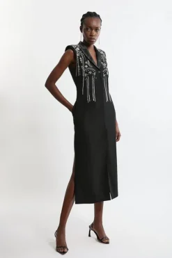 Karen Millen Tall Embellished Detail Plunge Collared Woven Maxi Dress black Sale