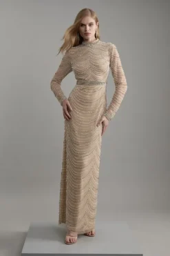 Karen Millen Tall Embellished Woven Long Sleeved Maxi Dress silver Outlet