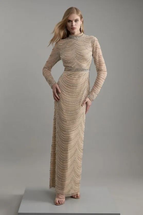 Karen Millen Tall Embellished Woven Long Sleeved Maxi Dress silver Outlet