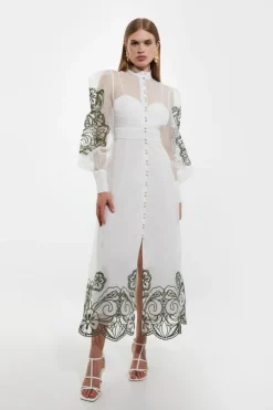 Karen Millen Tall Embroidered Floral Woven Button Up Maxi Dress ivory Discount