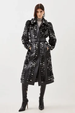 Karen Millen Tall Faux Fur Pu Panelled Abstract Belted Coat black Hot