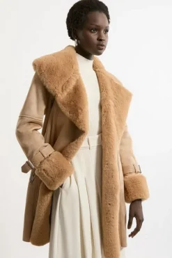 Karen Millen Tall Faux Shearling Collar & Cuff Belted Short Coat camel Discount
