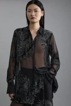 Karen Millen Tall Feather Devore Woven Shirt black New