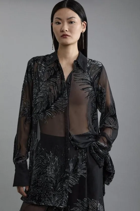 Karen Millen Tall Feather Devore Woven Shirt black New