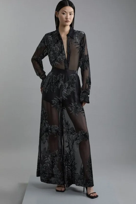 Karen Millen Tall Feather Devore Woven Wide Leg Pants black Sale