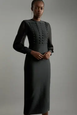 Karen Millen Tall Figure Form Bandage Knit Chiffon Sleeve Military Trim Midaxi Dress black Clearance
